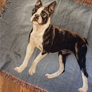Vtg Judy Gibson Dog Tapestry Throw Blanket Boston Terrier Fringe Trim 50X60